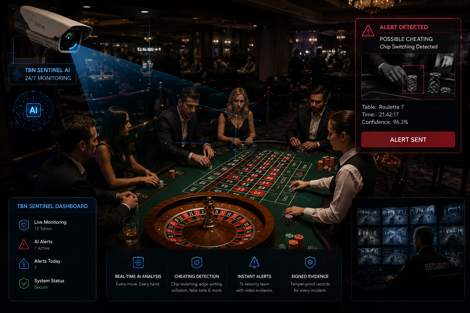 Casino roulette and gaming table with AI CCTV camera coverage monitoring for security and compliance