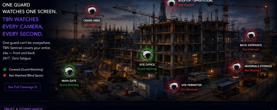 Construction site with crane, site office, main gate camera coverage, green watched / red blind spot markers